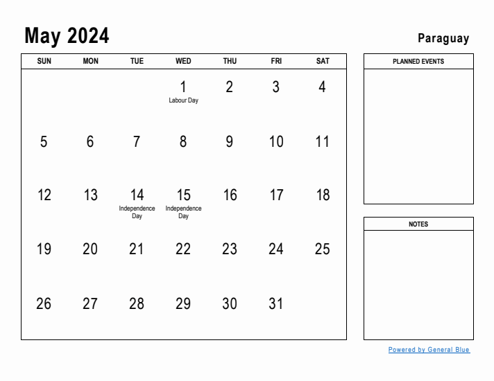 May 2024 Printable Monthly Calendar with Paraguay Holidays