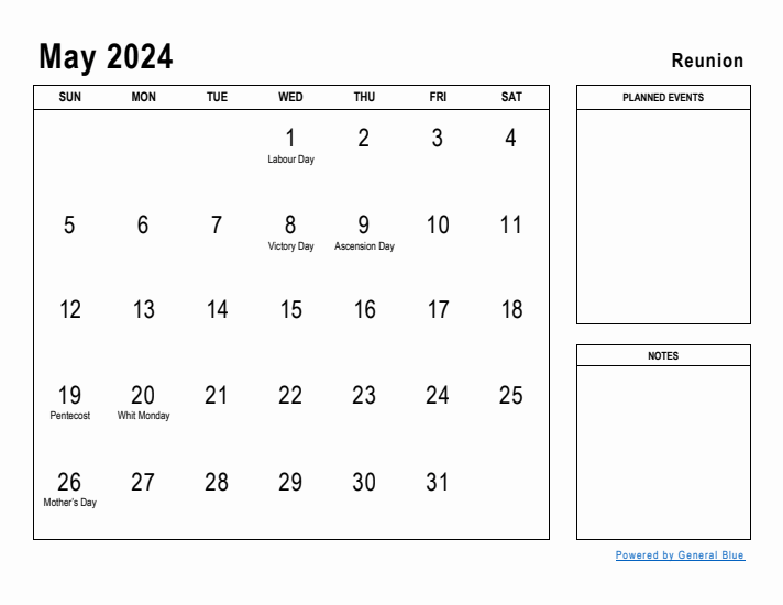 May 2024 Printable Monthly Calendar with Reunion Holidays