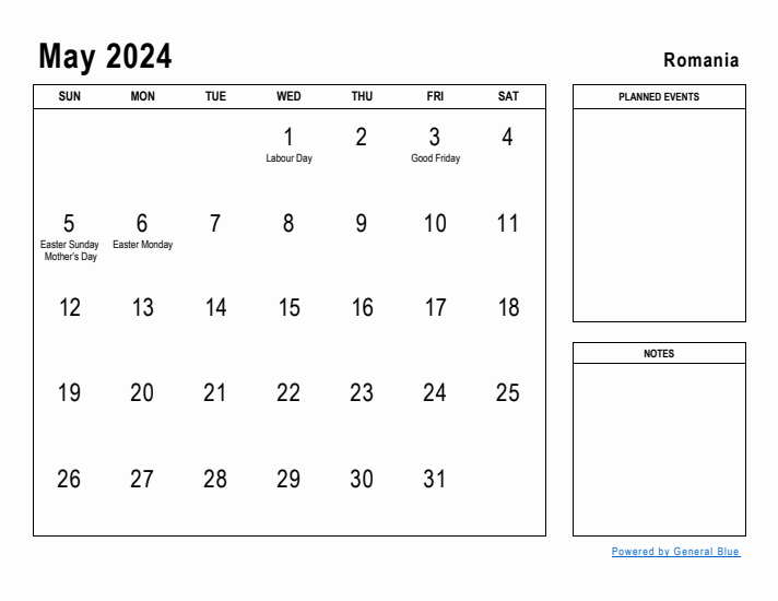 May 2024 Printable Monthly Calendar with Romania Holidays