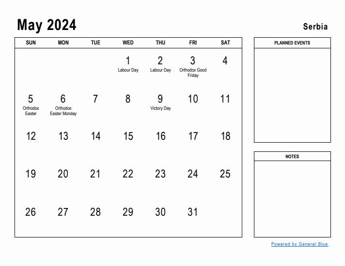 May 2024 Printable Monthly Calendar with Serbia Holidays