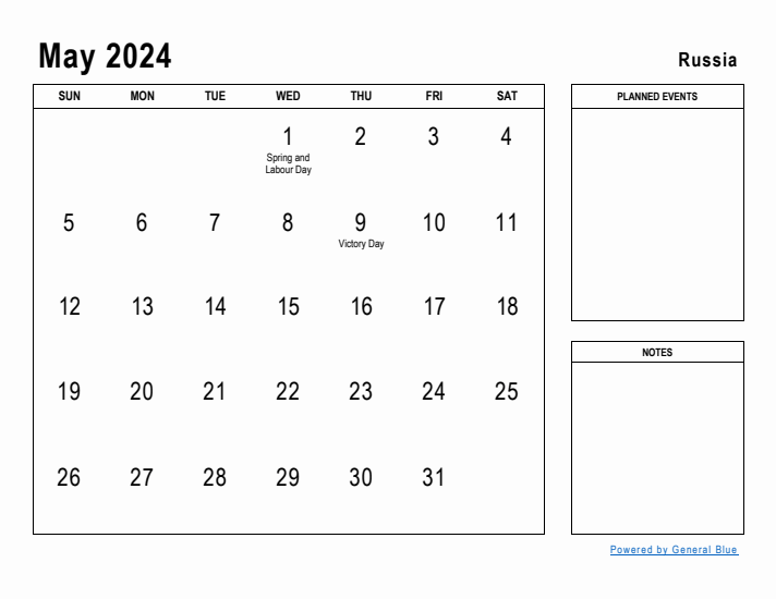 May 2024 Printable Monthly Calendar with Russia Holidays