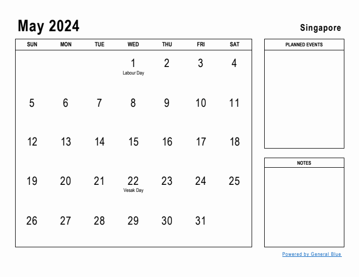 May 2024 Printable Monthly Calendar with Singapore Holidays