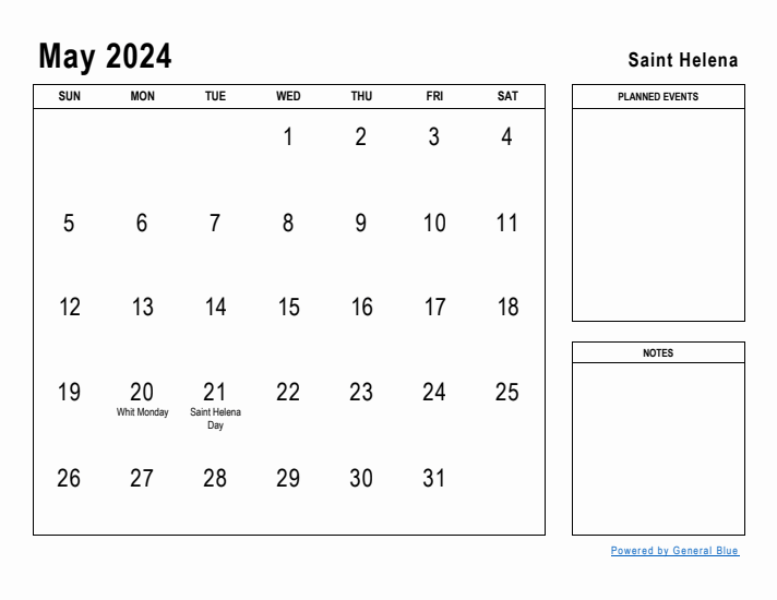 May 2024 Printable Monthly Calendar with Saint Helena Holidays