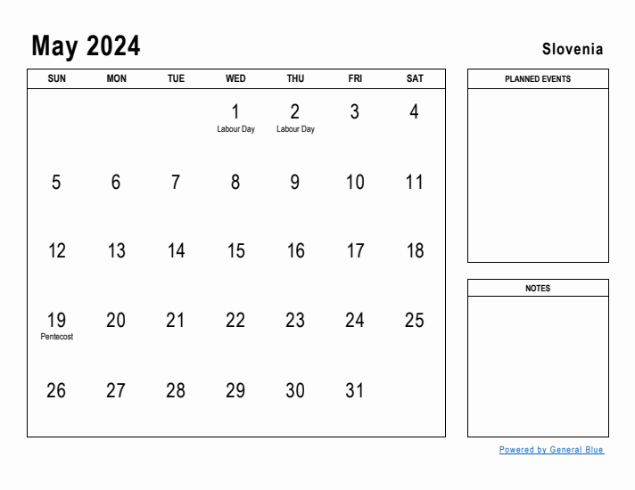 May 2024 Printable Monthly Calendar with Slovenia Holidays