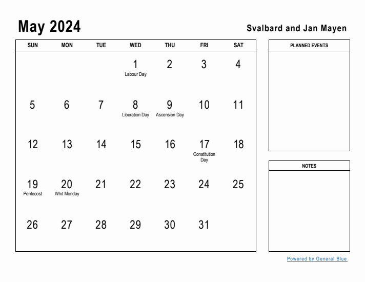 May 2024 Printable Monthly Calendar with Svalbard and Jan Mayen Holidays