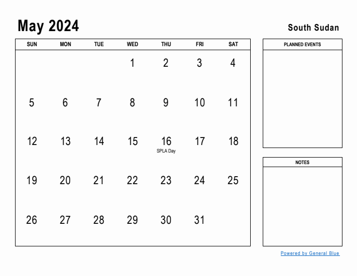 May 2024 Printable Monthly Calendar with South Sudan Holidays