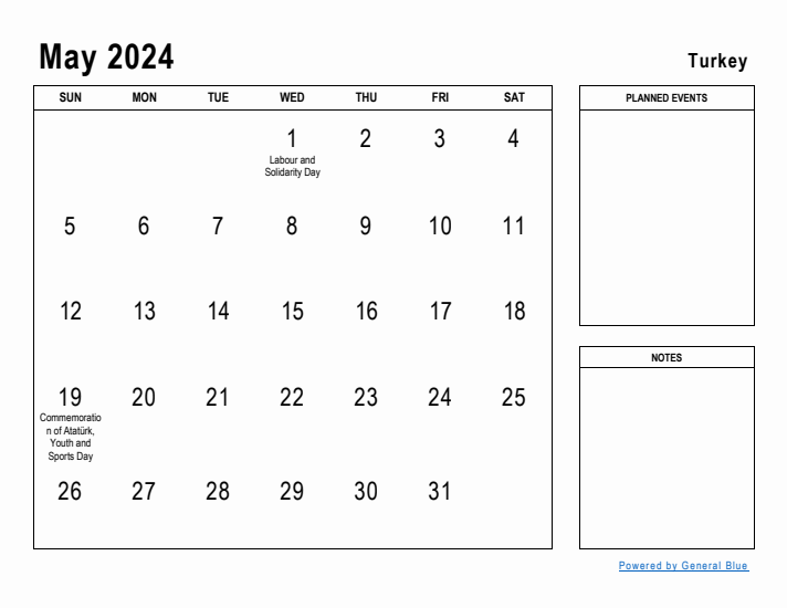 May 2024 Printable Monthly Calendar with Turkey Holidays