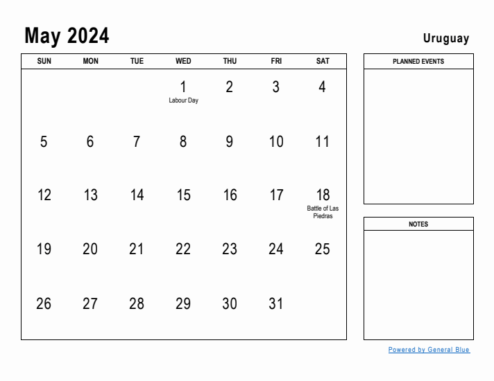 May 2024 Printable Monthly Calendar with Uruguay Holidays