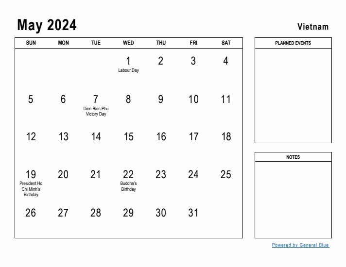 May 2024 Printable Monthly Calendar with Vietnam Holidays