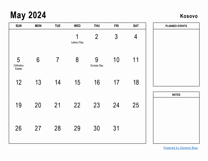 May 2024 Printable Monthly Calendar with Kosovo Holidays