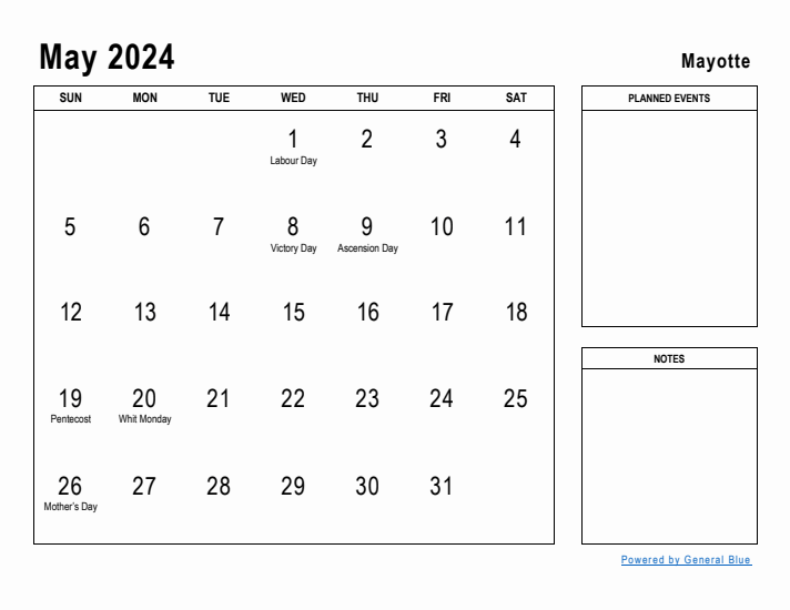 May 2024 Printable Monthly Calendar with Mayotte Holidays