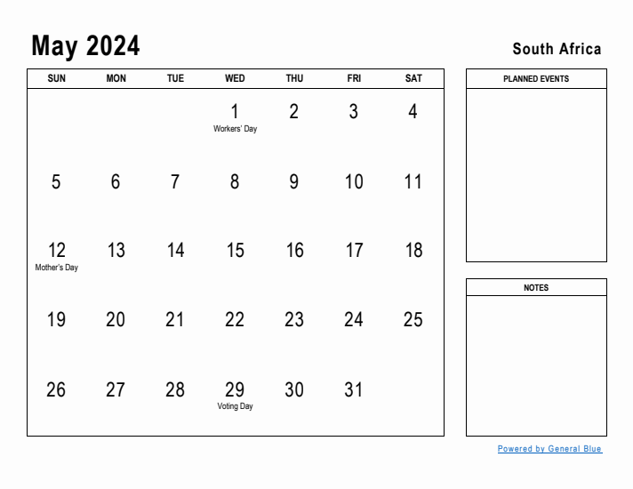 May 2024 Printable Monthly Calendar with South Africa Holidays