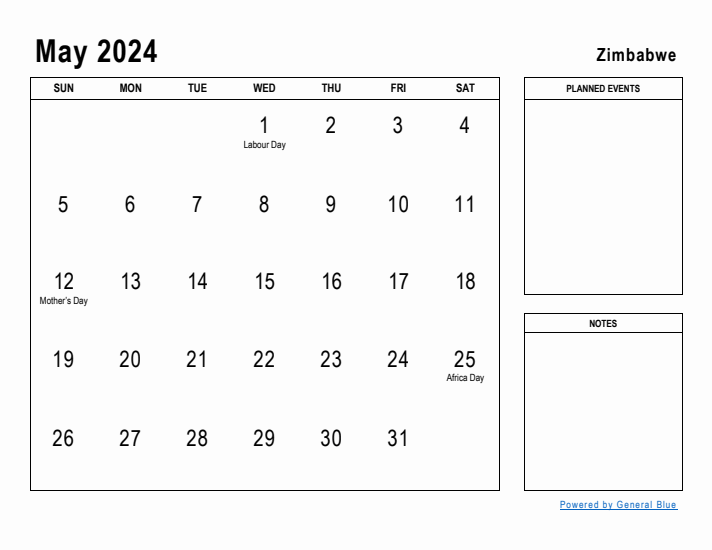 May 2024 Printable Monthly Calendar with Zimbabwe Holidays