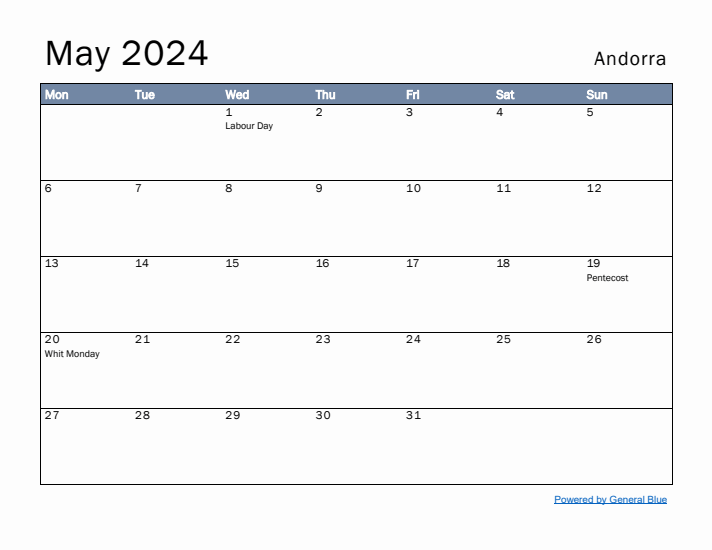 May 2024 Simple Monthly Calendar for Andorra