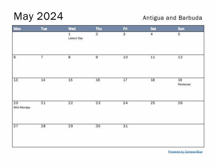 May 2024 Simple Monthly Calendar for Antigua and Barbuda