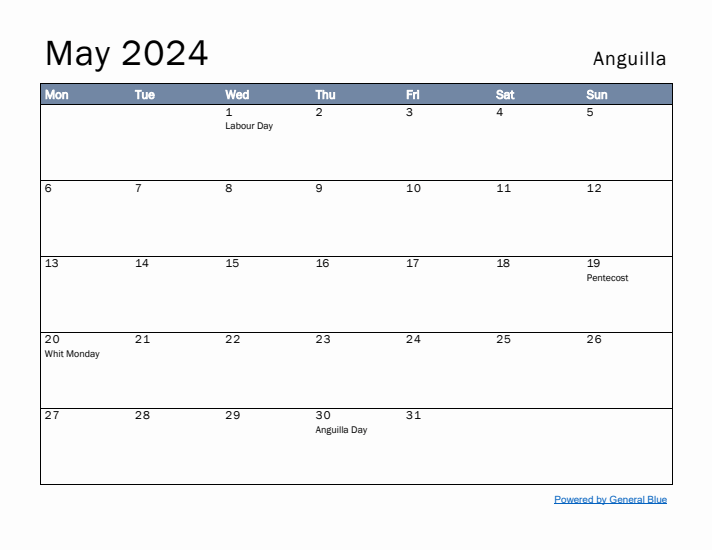 May 2024 Simple Monthly Calendar for Anguilla