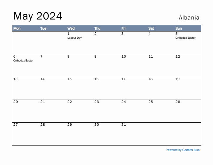 May 2024 Simple Monthly Calendar for Albania