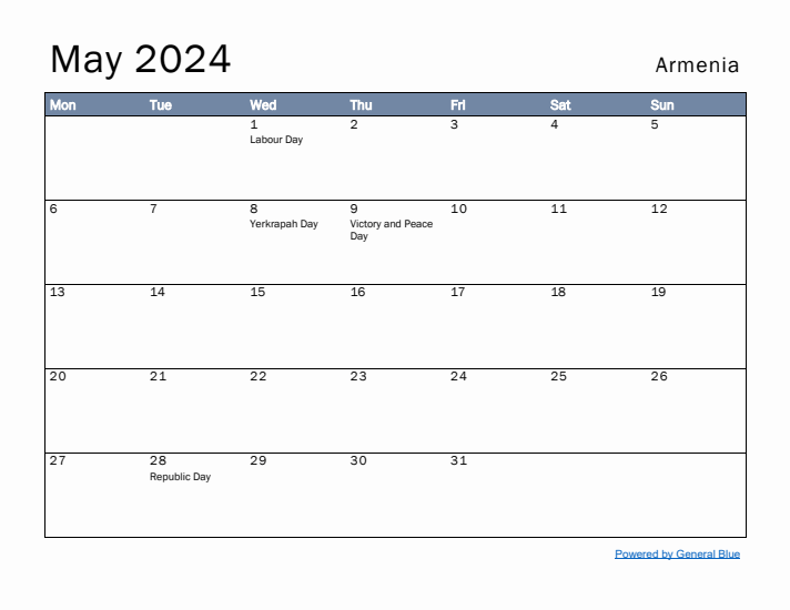 May 2024 Simple Monthly Calendar for Armenia