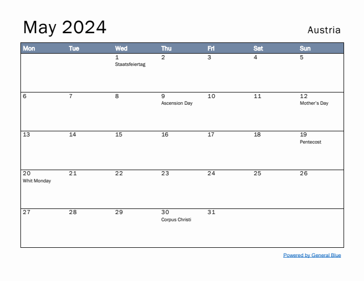 May 2024 Simple Monthly Calendar for Austria