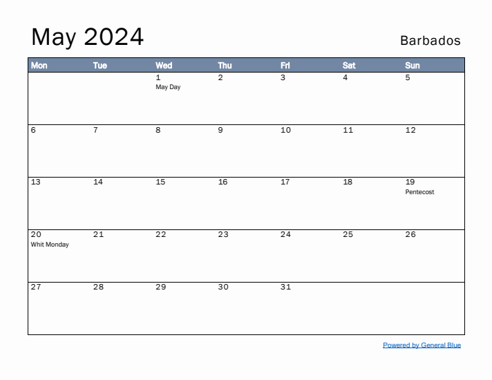 May 2024 Simple Monthly Calendar for Barbados