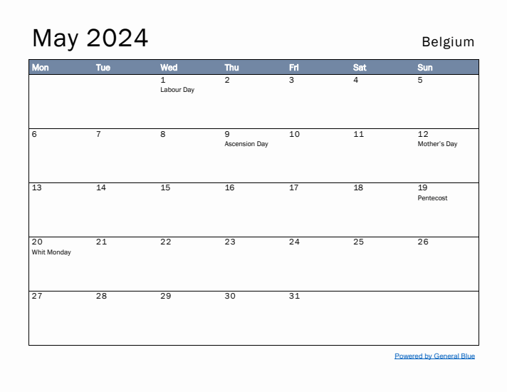 May 2024 Simple Monthly Calendar for Belgium