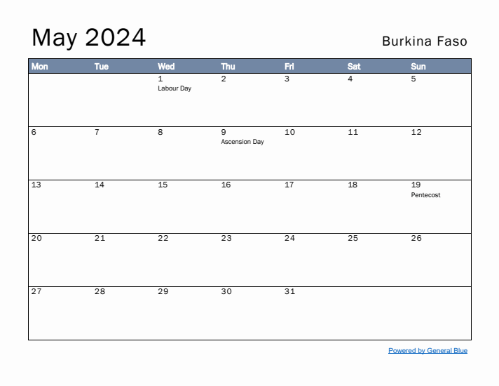 May 2024 Simple Monthly Calendar for Burkina Faso