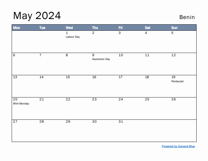 May 2024 Simple Monthly Calendar for Benin