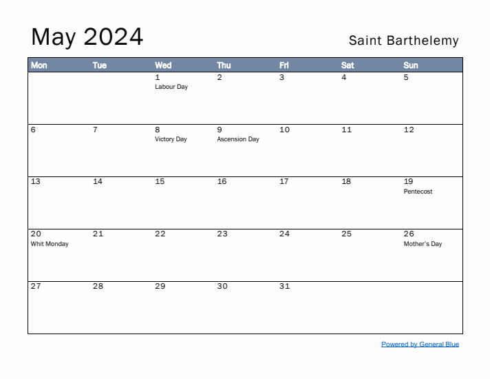 May 2024 Simple Monthly Calendar for Saint Barthelemy