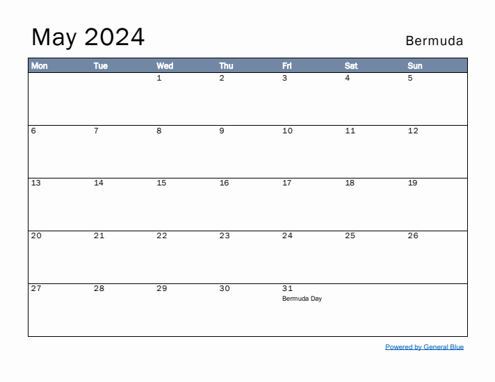 May 2024 Simple Monthly Calendar for Bermuda