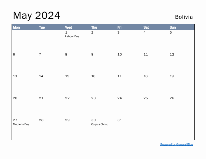 May 2024 Simple Monthly Calendar for Bolivia