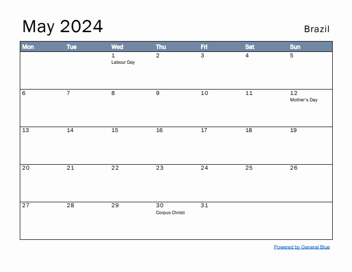 May 2024 Simple Monthly Calendar for Brazil