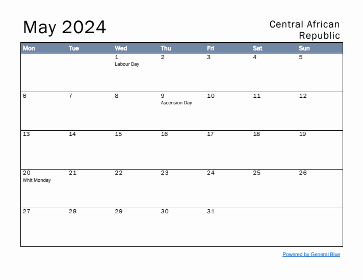 May 2024 Simple Monthly Calendar for Central African Republic