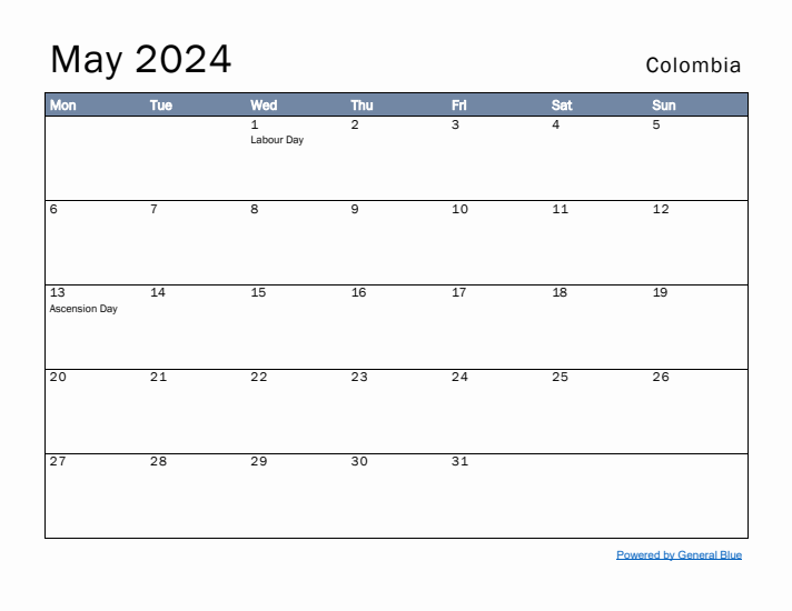 May 2024 Simple Monthly Calendar for Colombia