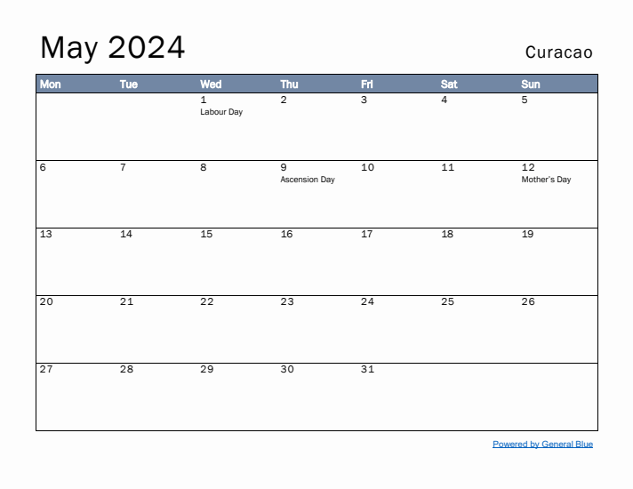 May 2024 Simple Monthly Calendar for Curacao