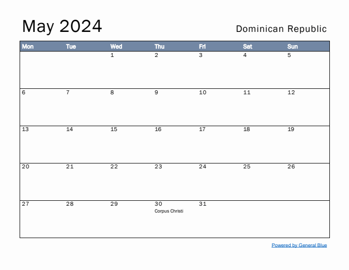 May 2024 Simple Monthly Calendar for Dominican Republic