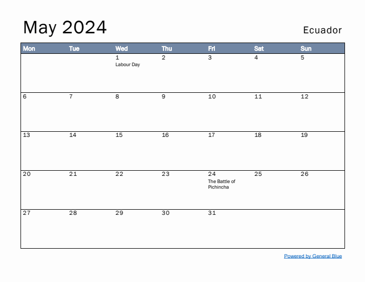 May 2024 Simple Monthly Calendar for Ecuador