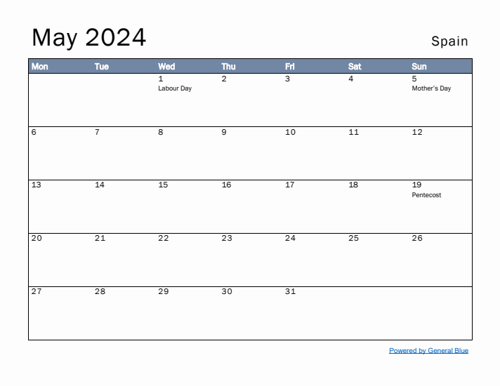 May 2024 Simple Monthly Calendar for Spain