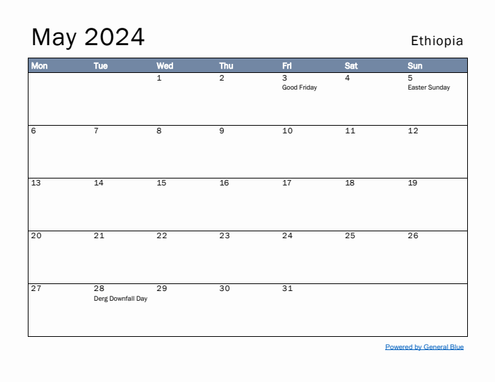 May 2024 Simple Monthly Calendar for Ethiopia