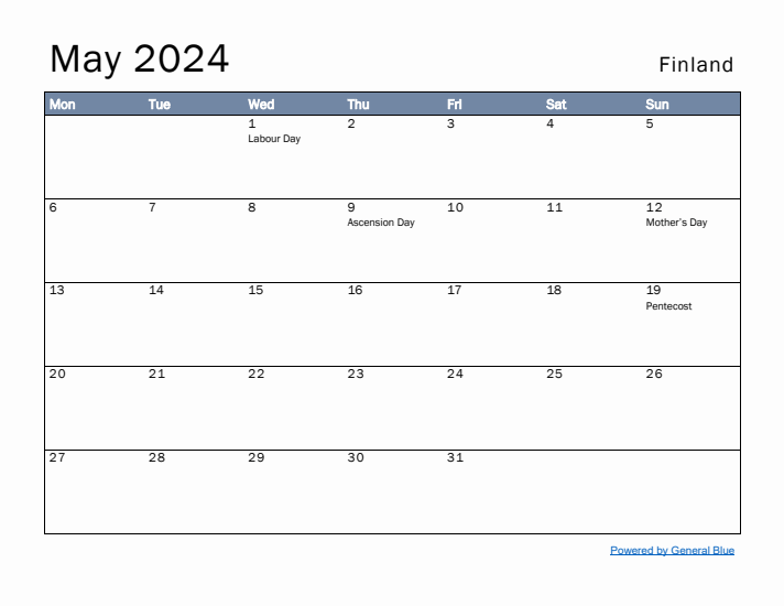 May 2024 Simple Monthly Calendar for Finland