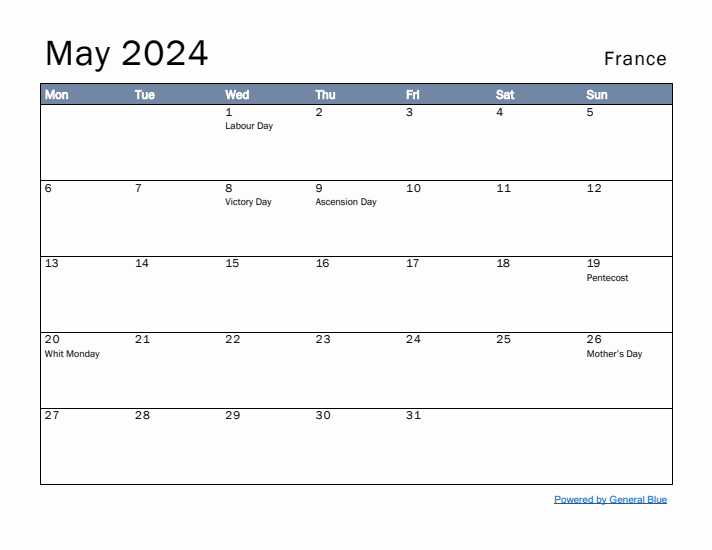 May 2024 Simple Monthly Calendar for France