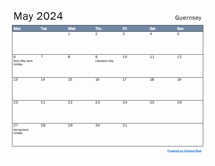 May 2024 Simple Monthly Calendar for Guernsey