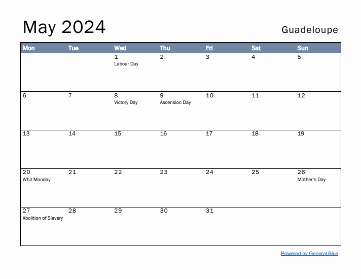 May 2024 Simple Monthly Calendar for Guadeloupe