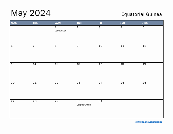 May 2024 Simple Monthly Calendar for Equatorial Guinea