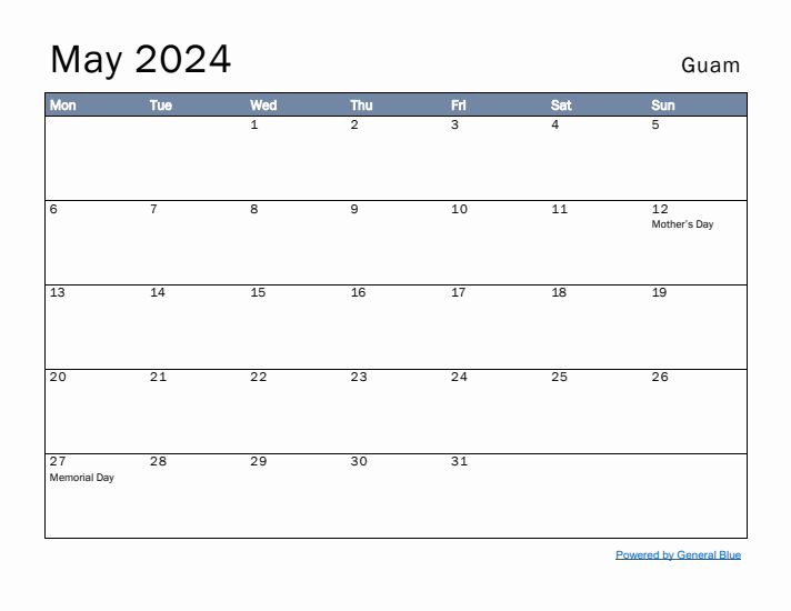 May 2024 Simple Monthly Calendar for Guam