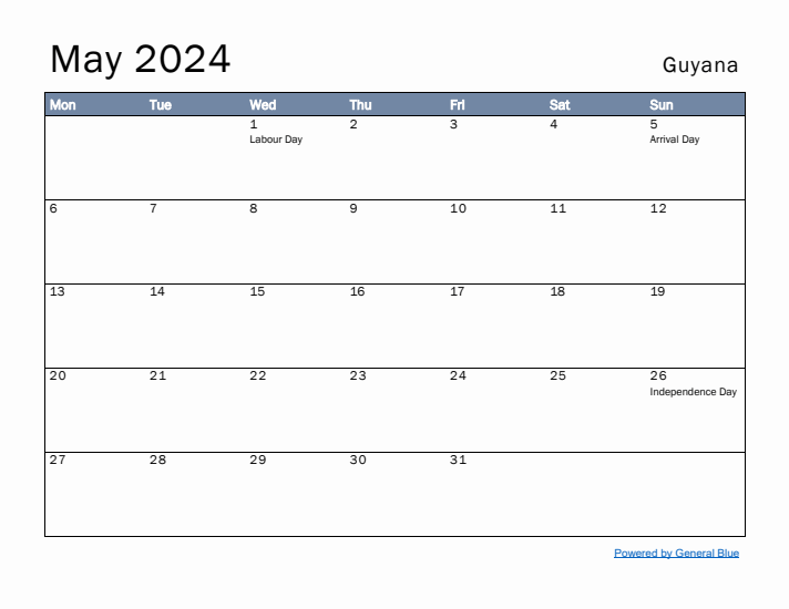 May 2024 Simple Monthly Calendar for Guyana