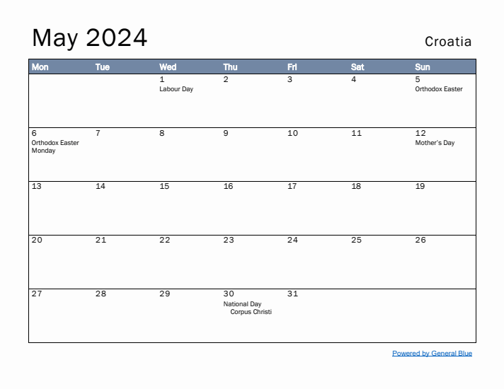 May 2024 Simple Monthly Calendar for Croatia