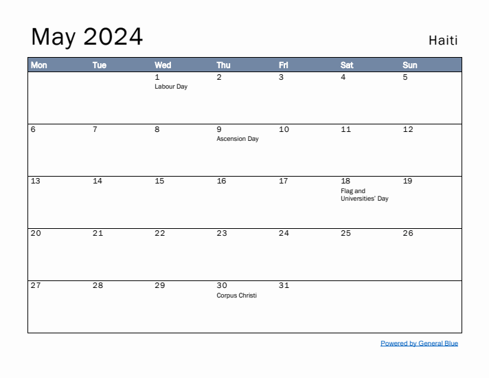 May 2024 Simple Monthly Calendar for Haiti