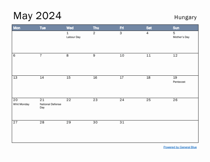 May 2024 Simple Monthly Calendar for Hungary