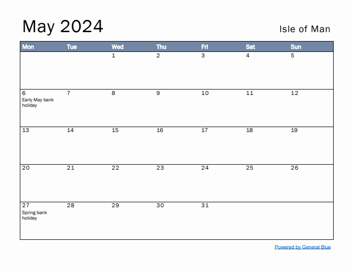 May 2024 Simple Monthly Calendar for Isle of Man