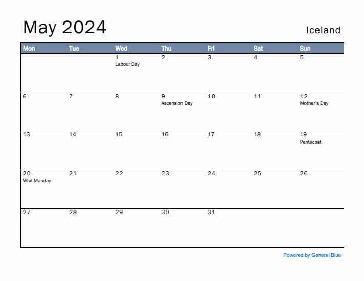 May 2024 Simple Monthly Calendar for Iceland